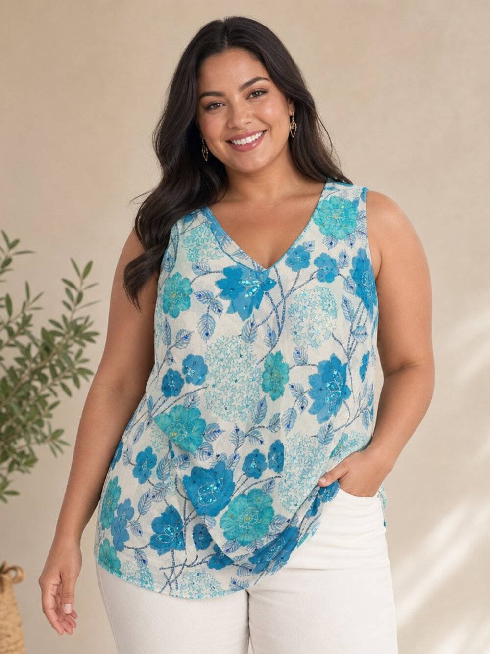 Karen Kane White Floral 100% Silk V‑Neck Sheer Tank Top – Size Large